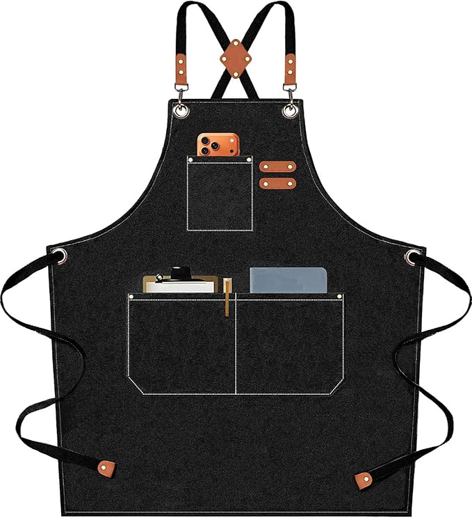 AFUN Chef Aprons for Men Women with Oversized Pockets, 16-Ounce Cotton Canvas Cross Back Heavy Duty Work Apron (Black) by BringYouaFun