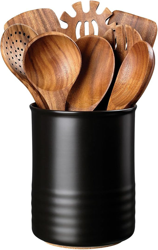 ABRUTY Utensil Holder, 6.7" Ceramic Kitchen Utensil Crock for Countertop Cooking, Modern Utensil Caddy Jar Organizer for Farmhouse Kitchen Counter Décor, Matte Black by ABRUTY