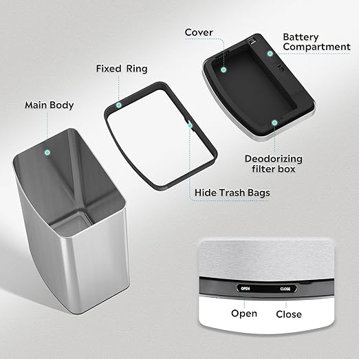 WLIVE 16 Gallon Touchless Motion Sensor Trash Can, 60L Stainless Steel Automatic Kitchen Waste Bin with Soft Close Lid for Home Office, Silver
