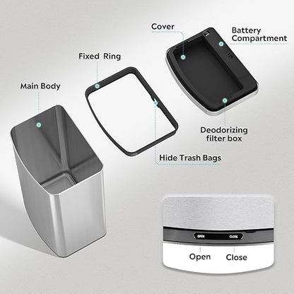 WLIVE 16 Gallon Touchless Motion Sensor Trash Can, 60L Stainless Steel Automatic Kitchen Waste Bin with Soft Close Lid for Home Office, Silver