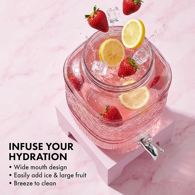 Beverage Dispenser 1 Gallon, Glass Drink Dispenser with Wooden Base Stand, Wide Mouth Jar for Lemonade, Iced Tea, Infused Water, Vintage Kitchen Decor - Pink
