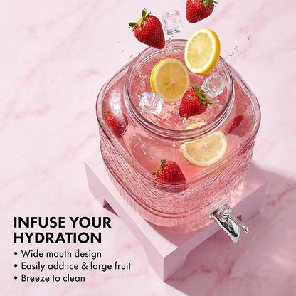 Beverage Dispenser 1 Gallon, Glass Drink Dispenser with Wooden Base Stand, Wide Mouth Jar for Lemonade, Iced Tea, Infused Water, Vintage Kitchen Decor - Pink