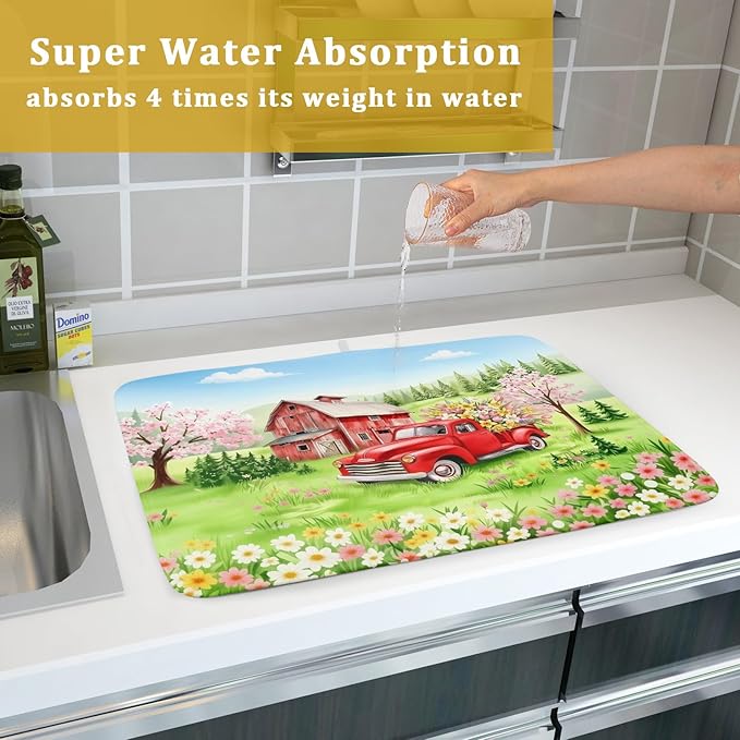 Spring Dish Drying Mat for Kitchen Counter Red Truck Flowers Microfiber Absorbent Dish Draining Reusable Washable Foldable Extra Large 18"x24" - Image 7