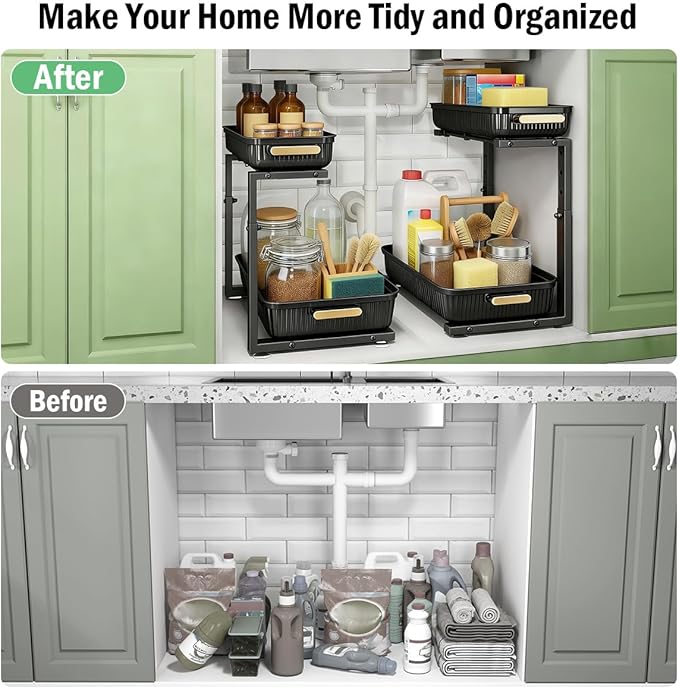 ARSTPEOE Under Sink Organizer - 2 Packs Multi-Purpose Pull-Out Storage Organizers, Slide out Pull out Metal Cabinet Organizer Shelf, Storage for Kitchen Bathroom, Black - Image 5
