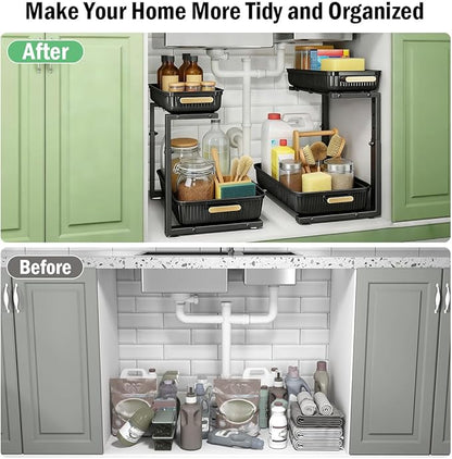 ARSTPEOE Under Sink Organizer - 2 Packs Multi-Purpose Pull-Out Storage Organizers, Slide out Pull out Metal Cabinet Organizer Shelf, Storage for Kitchen Bathroom, Black - Image 5