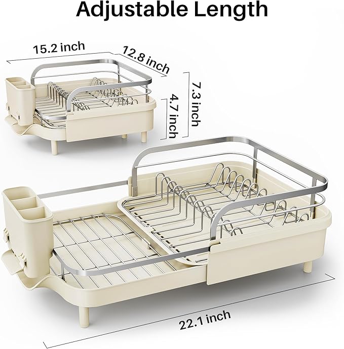 SNTD Dish Drying Rack, Expandable Dish Rack for Kitchen Counter, Stainless Steel Dish Drainer with Drainboard Set and Utensil Holder (Beige) - Image 2