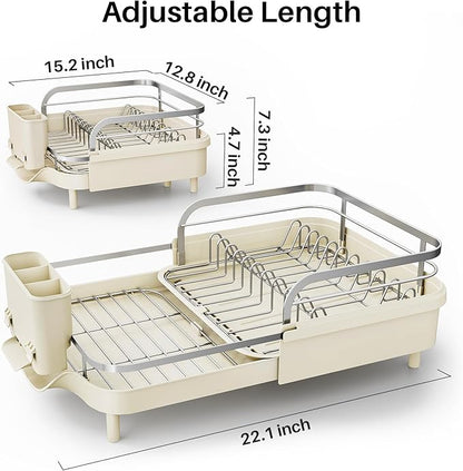 SNTD Dish Drying Rack, Expandable Dish Rack for Kitchen Counter, Stainless Steel Dish Drainer with Drainboard Set and Utensil Holder (Beige) - Image 2