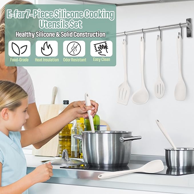 E-far Silicone Cooking Utensils Set, 7-Piece White Heat Resistant Kitchen Utensils Set, Kitchen Nonstick Tools Spatula Ladle Spoon Pasta Server for Non-stick Cookware, Non-Toxic & Dishwasher safe - Image 7