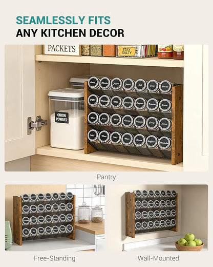 NESAPTO Spice Rack Organizer with 28 Glass Spice Jars, Wood 4-Tier Seasoning Organizer with Labels for Cabinet, Pantry, Countertop or Wall Mount, Chalk Marker and Funnel Set, 14" W × 9.4" H