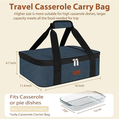Insulated Casserole Carrier Bag, Expandable Thermal Food Carrier Insulated Travel Carry Bag for Hot or Cold Food for Picnic Cookouts Potluck Parties Fits 9" x 13" Baking Dish (Blue)