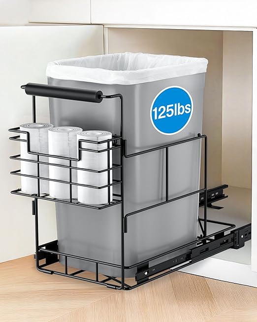 Bulado Pull Out Trash Can Under Cabinet, Under Sink Trash Can Kit for 7.5-10 Gallon with Garbage Bag Holder, Heavy Duty Steel Frame, Holds Up to 125 lbs, Easy to Install (Bin Not Included)