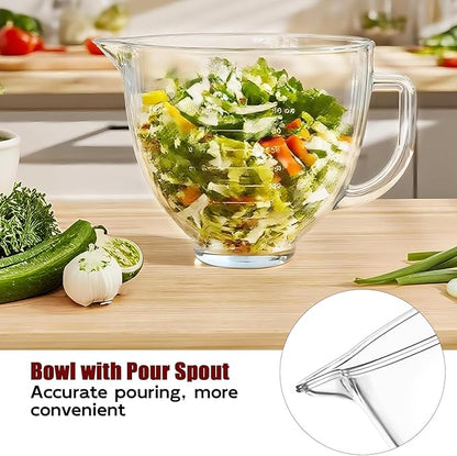 Double-layer Thickened Glass Mixer Bowl For Kitchenaid Tilt-Head Stand Mixers 4.5-5 Quart, 5Qt Mixing Bowl Replacement For Kitchenaid with Measurement Markings & Handle