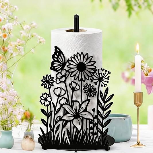Wildflower Kitchen Countertop Paper Towel Holder Decorative Paper Towel Holder Black Metal Tissue Stand Kitchen Decor Accessories for Home Party Bathroom Countertop Dining Table