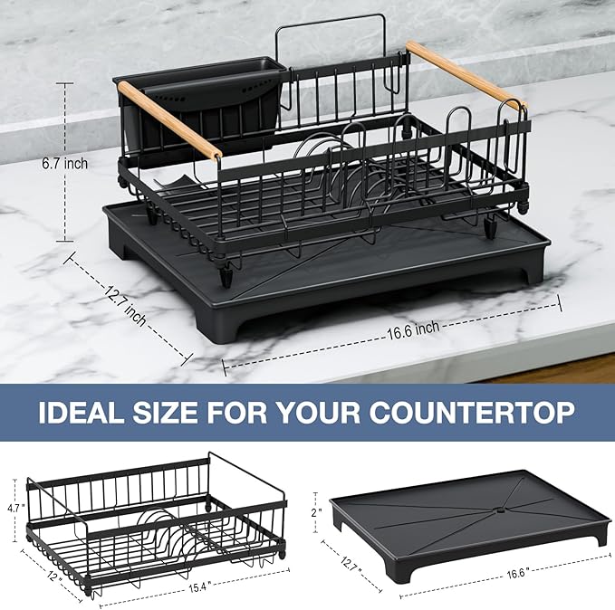 Dish Rack with Drainboard Large Capacity Anti-Rust Kitchen Counter Organizer with Cup, Utensil & Cutting Board Holders, Heavy Duty Dish Drying Rack for Dishes, Spoons and Forks