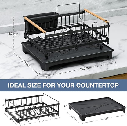 Dish Rack with Drainboard Large Capacity Anti-Rust Kitchen Counter Organizer with Cup, Utensil & Cutting Board Holders, Heavy Duty Dish Drying Rack for Dishes, Spoons and Forks