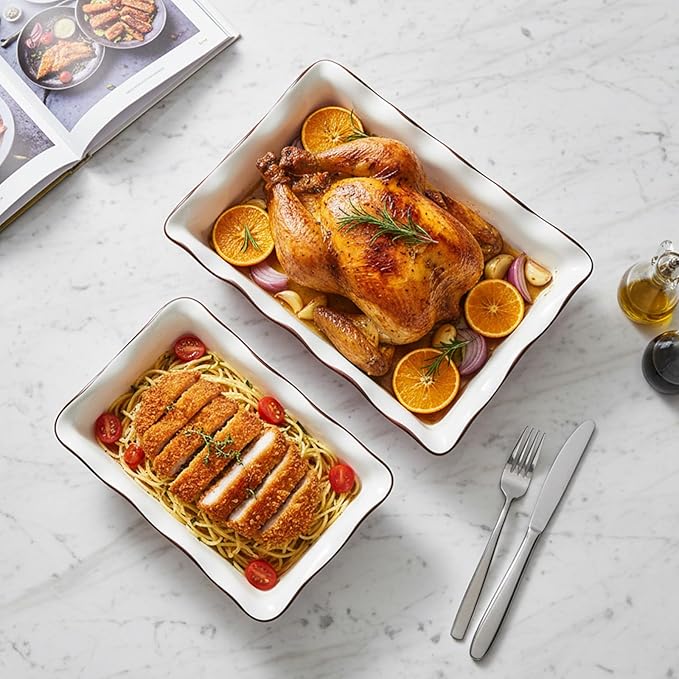 2 Pack Ceramic Baking Dishes, Large Rectangular Casserole Dish Lasagna Pan for Oven, Nonstick Deep Serving Dishes Roaster Bakeware Sets for Cooking, Home, Kitchen - Image 7