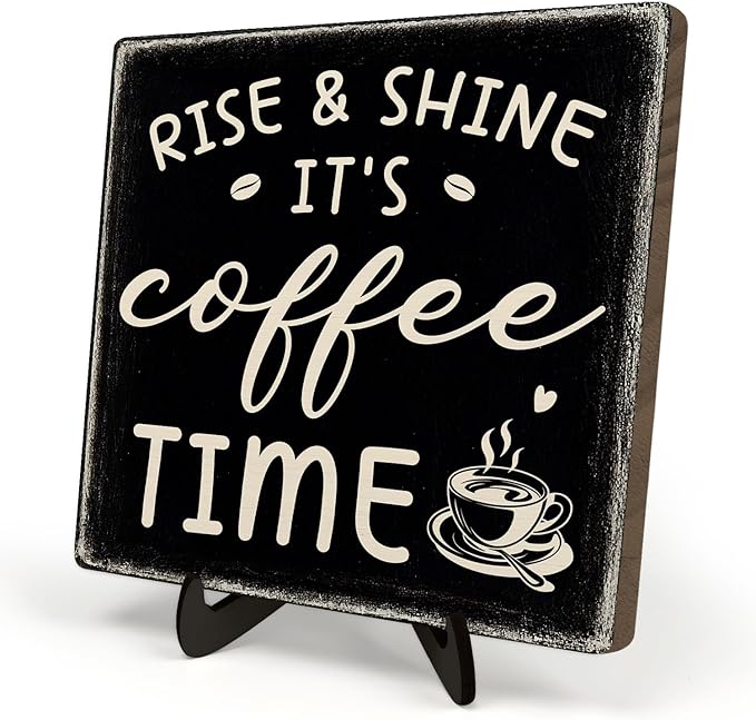 Farmhouse Coffee Bar Sign, Rise & Shine It's Coffee Time Desk Wooden Sign, 5.9"x5.9" Wood Plaque with Stand Gift for Home Kitchen Tabletop Decor,Cafe Bar Decor(Black) by DMADNF