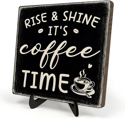 Farmhouse Coffee Bar Sign, Rise & Shine It's Coffee Time Desk Wooden Sign, 5.9"x5.9" Wood Plaque with Stand Gift for Home Kitchen Tabletop Decor,Cafe Bar Decor(Black) by DMADNF