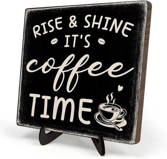 Farmhouse Coffee Bar Sign, Rise & Shine It's Coffee Time Desk Wooden Sign, 5.9"x5.9" Wood Plaque with Stand Gift for Home Kitchen Tabletop Decor,Cafe Bar Decor(Black) by DMADNF