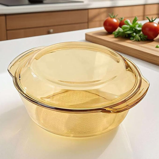 Amber Borosilicate Glass Casserole Dish with Lid - 1.5 Qt Round Baking Dish with Handles - Heat Resistant Cookware for Oven, Microwave, Dishwasher & Freezer