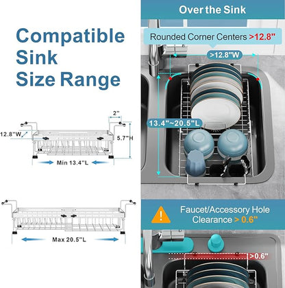GSlife Expandable Dish Drying Rack for Large Sink- Stainless Steel Over the Sink Dish Drainer with Silicone Sink Protector and Locking Knob for Kitchen, 12.8" W x 13.4"-20.5" L, Silver