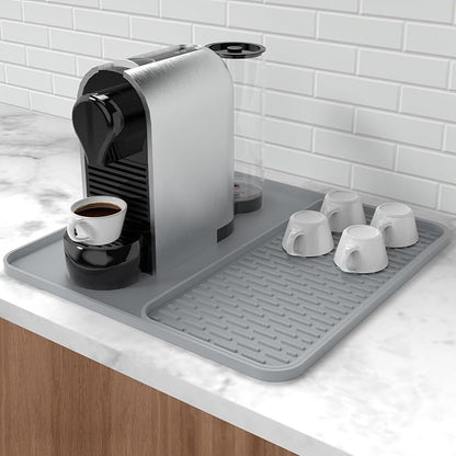 Silicone Coffee Mat,16'' x 16'' Coffee Bar Mat with Detachable Dish Drying Mat for Kitchen Countertops,Coffee Bar Accessories Fit Under Coffee Maker Coffee Machine Espresso Machine Dish Rack by Garolue