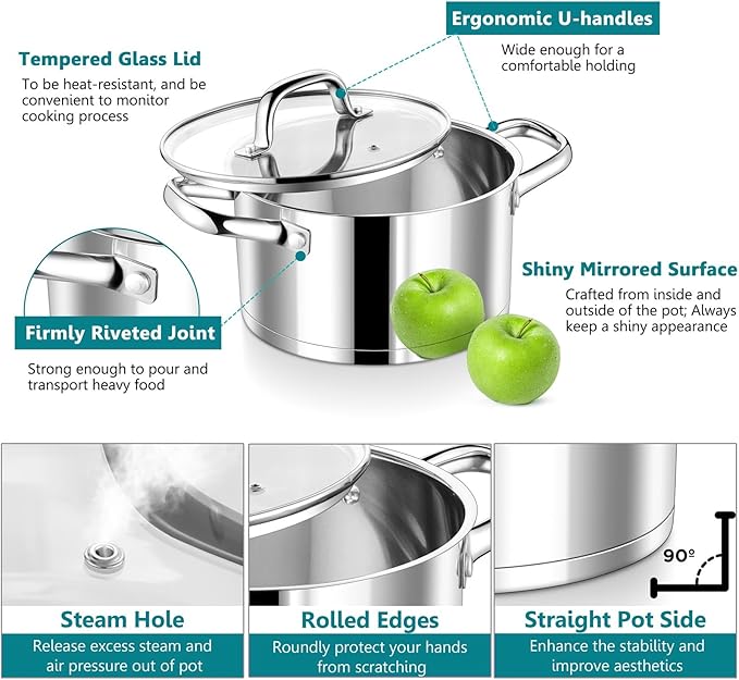 P&P CHEF 6 Quarts Cooking Stock Pot with Lid, Stainless Steel Stockpot Induction Pot for Soup, Tri-Ply Bottom & Clear Glass Lid & Double Handle, Dishwasher Safe - Image 3