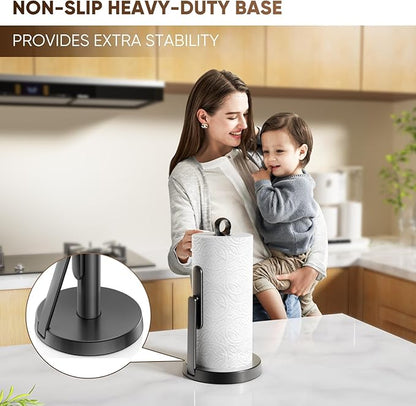 theaoo Heavy-Duty Stainless Steel Paper Towel Holder with Tension Arm – Easy One-Handed Tear, Modern Standing Countertop Dispenser for Kitchen, Holds All Paper Towel Rolls (1, Black) - Image 8