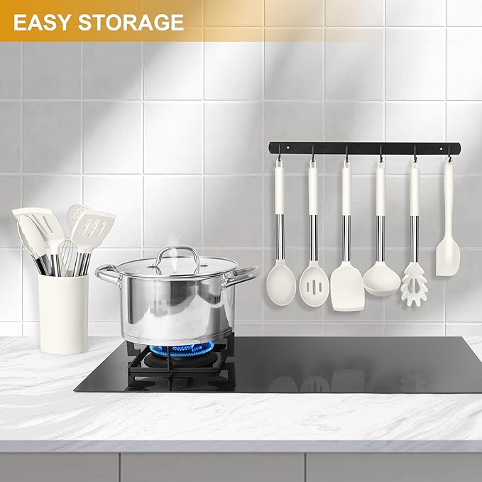 LIANYU 15 Pcs Cooking Kitchen Utensils Set with Holder, Silicone Kitchen Gadgets with Stainless Steel Handle, Heat Resistant Spatula Tools, Brush Spoon Tong Whisk Ladle Turner for Cookware, White - Image 7