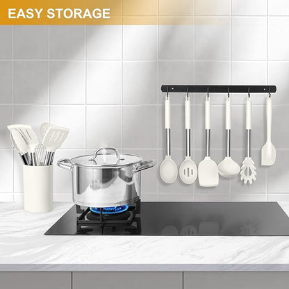 LIANYU 15 Pcs Cooking Kitchen Utensils Set with Holder, Silicone Kitchen Gadgets with Stainless Steel Handle, Heat Resistant Spatula Tools, Brush Spoon Tong Whisk Ladle Turner for Cookware, White - Image 7
