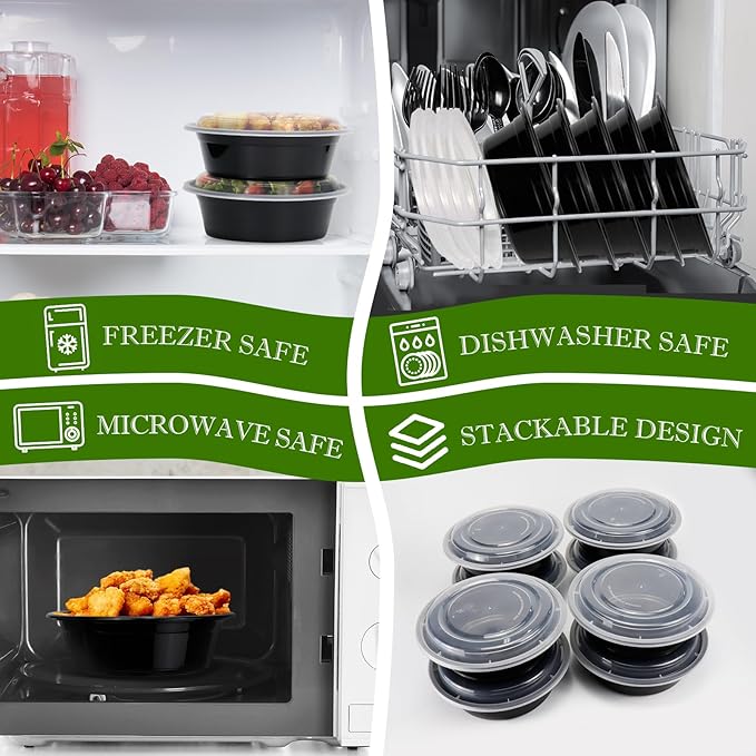 Meal Prep Containers Reusable 32oz - Meal Prep Bowls with Lids 50 Pack, Round Food Prep Bowls for Takeout, Disposable To Go Food Containers, Stackable, Leakproof, BPA-Free, Microwave/Freezer Safe - Image 4