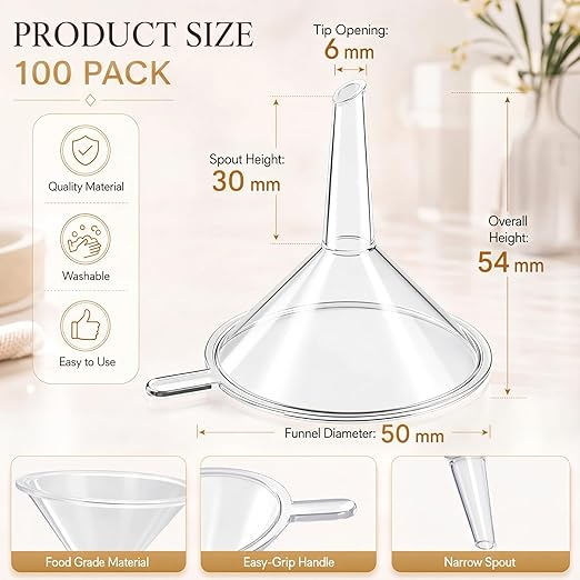Hoolerry 100 Pcs Small Funnel for Filling Small Bottles Clear Plastic Mini Funnels for Lab Bottles Essential Oils Sand Art Bottle Skin Products Perfumes Spices (2.16'') - Image 2