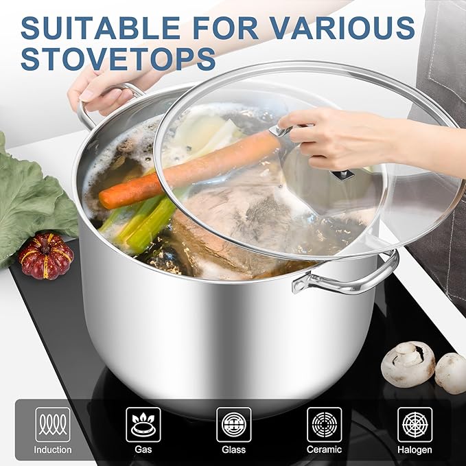 TeamFar Stainless Steel Stock Pot, 24QT Large Stockpot Tri-ply Bottom Cooking Soup Pot with Glass Lid, for Induction Gas Glass Stovetops, Non Toxic & Heavy Duty, Large Size & Easy Clean - Image 7