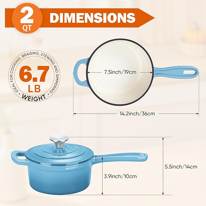 Homikit Small Cast Iron Pot, 2 QT Enameled Cast Iron Sauce Pan with Lid, Heavy Duty Enamel Dutch Oven Kitchen Cookware for Making Pasta, Boiling Soup, Warming Milk, Nonstick & Oven Safe, Sky Blue