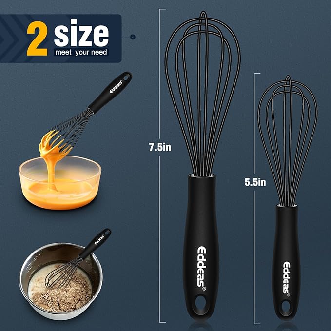 Eddeas Silicone Mini Whisk, Small whisks Non-Stick Tiny Whisks set of 2（5.5in & 7.5in）-Heat Resistant (450°F) Whisks, Balloon Egg Beater Perfect for Whisking, Beating, Mixing, Blending, Black - Image 2