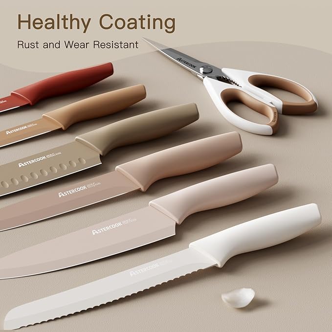 Astercook Knife Set, 13 Pieces Kitchen Knives Set with Healthy Anti-Rust Coating, Dishwasher Safe, Stainless Steel Chef Knife Sets with 6 Blade Guards, Perfect Mothers Day Gifts for Kitchen - Image 2