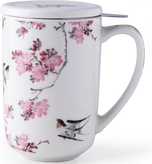 AmorArc Porcelain Tea Mug with Infuser and Lids, 18 Oz Coffee Cup Strainer with Bag Holder for Loose Leaf Tea, Steeping Coffee Mug for House-warming Wedding Birthday Gift