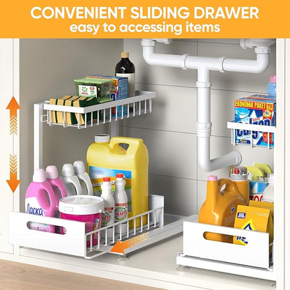 Saydear Under Sink Organizer Storage 2-Tier Premium Metal Pull-Out Kitchen Cabinet Organizer with Sliding Drawer, Height Adjustable, Heavy Duty for Kitchen & Bathroom Organizers 1 Pack White - Image 8