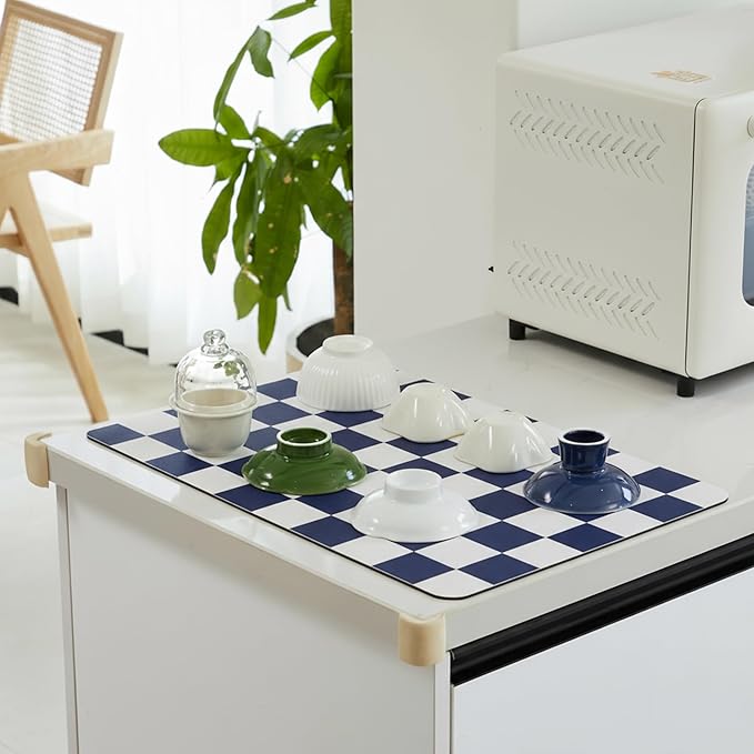 Ohocut Checkered Dish Drying Mat for Kitchen Counter, Coffee Bar Station Accessories, Retro Cute Aesthetic Modern Absorbent Drainer Mat Kitchen Drying Mat Easy Clean (Navy Blue, 19" x 12") - Image 3