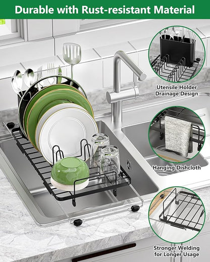 Small Dish Drying Rack, Expandable Sink Dish Rack Over Sinks, Dish Drainer for Kitchen Counter with Cutlery Holder, Space-Saving for Small Kitchens, Black