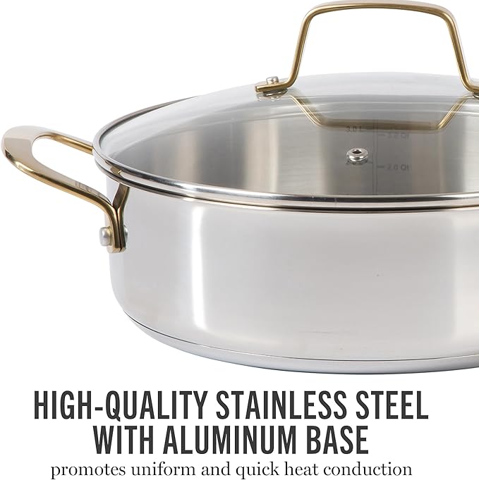 Martha Stewart Castelle 10 Piece 18/8 Durable Stainless Steel Induction Safe Pots and Pans Non-Toxic Kitchen Cookware Set - Gold Handles - Dishwasher Safe - Image 4