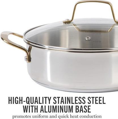 Martha Stewart Castelle 10 Piece 18/8 Durable Stainless Steel Induction Safe Pots and Pans Non-Toxic Kitchen Cookware Set - Gold Handles - Dishwasher Safe - Image 4