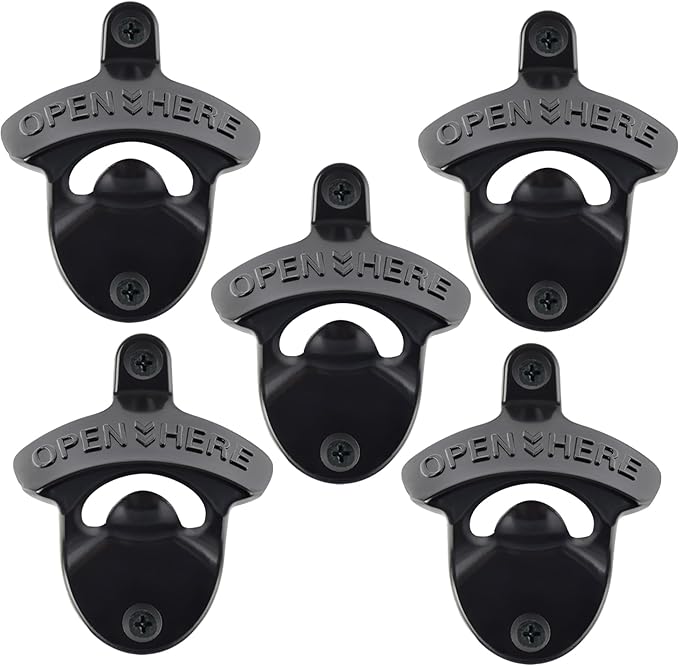 Black Bottle Top Opener Wall Mounted,Classic Open Here Beer Opener Mountable, Handy Post Mount Beer Cap Opener Gifts (5 PCS) by Wallmountedbottleopener