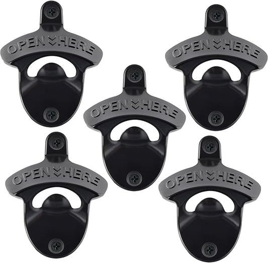 Black Bottle Top Opener Wall Mounted,Classic Open Here Beer Opener Mountable, Handy Post Mount Beer Cap Opener Gifts (5 PCS) by Wallmountedbottleopener
