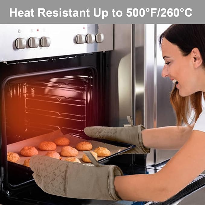 KEGOUU Oven Mitts and Pot Holders 6pcs Set, Kitchen Oven Glove High Heat Resistant 500 Degree Extra Long Oven Mitts and Potholder with Non-Slip Silicone Surface for Cooking (Khaki) - Image 5
