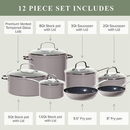 Nuwave Healthy Duralon Blue Ceramic Nonstick Cookware Set, Diamond Infused Scratch-Resistant, PFAS Free, Dishwasher & Oven Safe, Induction Ready & Evenly Heats, Tempered Glass Lids & Stay-Cool Handles - Image 7