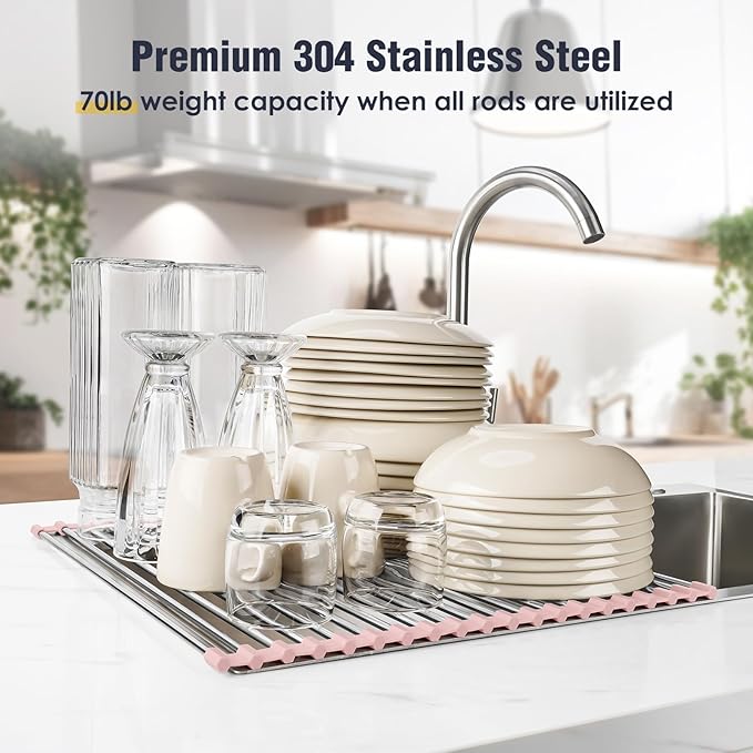 Tomorotec 21" x 15.5" Roll Up Dish Drying Rack Over Sink Drying Rack Sink Cover Kitchen Sink Accessories Gadget Multipurpose Organizer Foldable Stainless Steel Drainer - Image 5