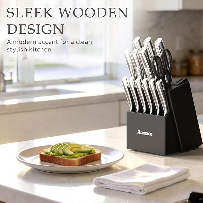 Astercook Knife Set, Kitchen Knives Set with Block and Sharpener Full Tang 15 Pcs Premium Stainless Steel Knives, Dishwasher Safe Knife Set with Anti-slip Ergonomic Handle, Black, Mothers Day Gifts - Image 3