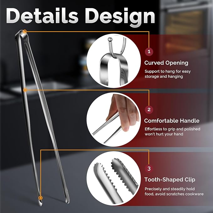 Precision Serrated Non-Slip Tips Cooking Tongs 2 Set (9.5" & 11.5"), One-Piece 18/8 Stainless Steel Metal Tongs, Easily Control Kitchen Tweezer, Multi-Purpose Korean Tong - Image 5