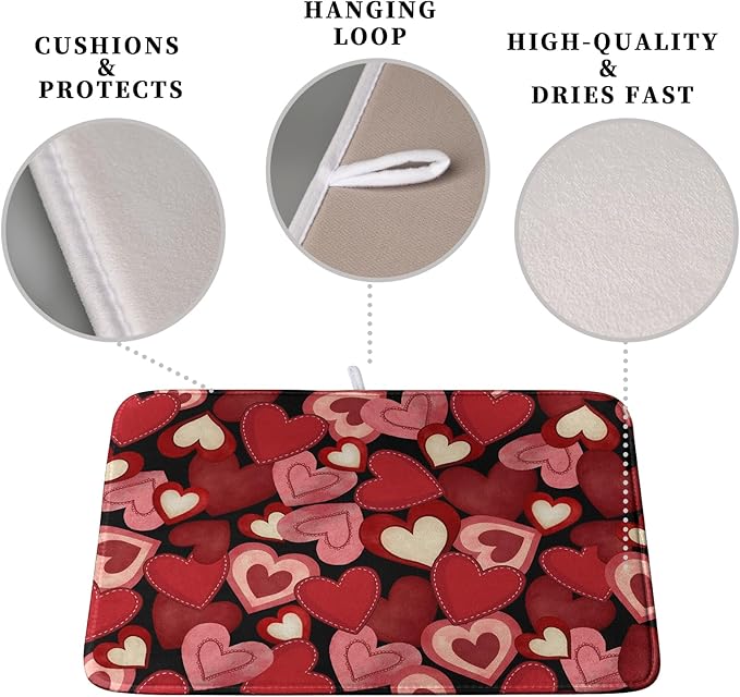 Valentine Dish Drying Mat for Kitchen Counter Red Black Love Heart Drying Pad Microfiber Absorbent Coffee Bar Mat Heat Resistant Countertop Protector Dishes Drainer Mat 16x18 Inch - Image 3